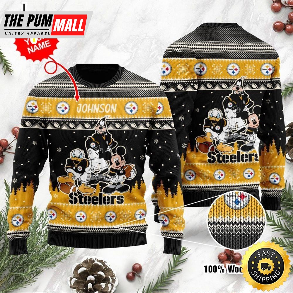 Pittsburgh Steelers Disney Donald Duck Mickey Mouse Goofy Personalized Ugly Christmas Sweater Perfect Holiday Gift