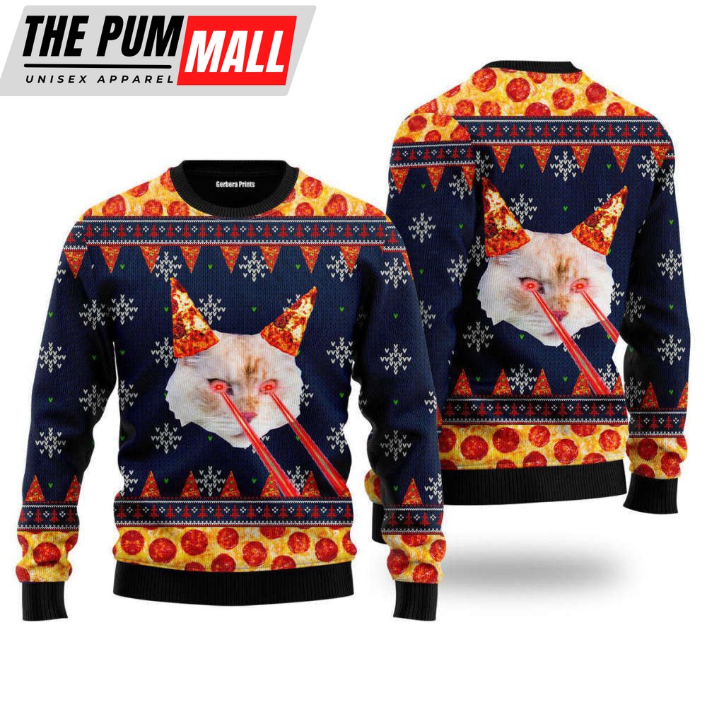 Pizza Cat With Laser Eyes Ugly Christmas Sweater For Men & Women