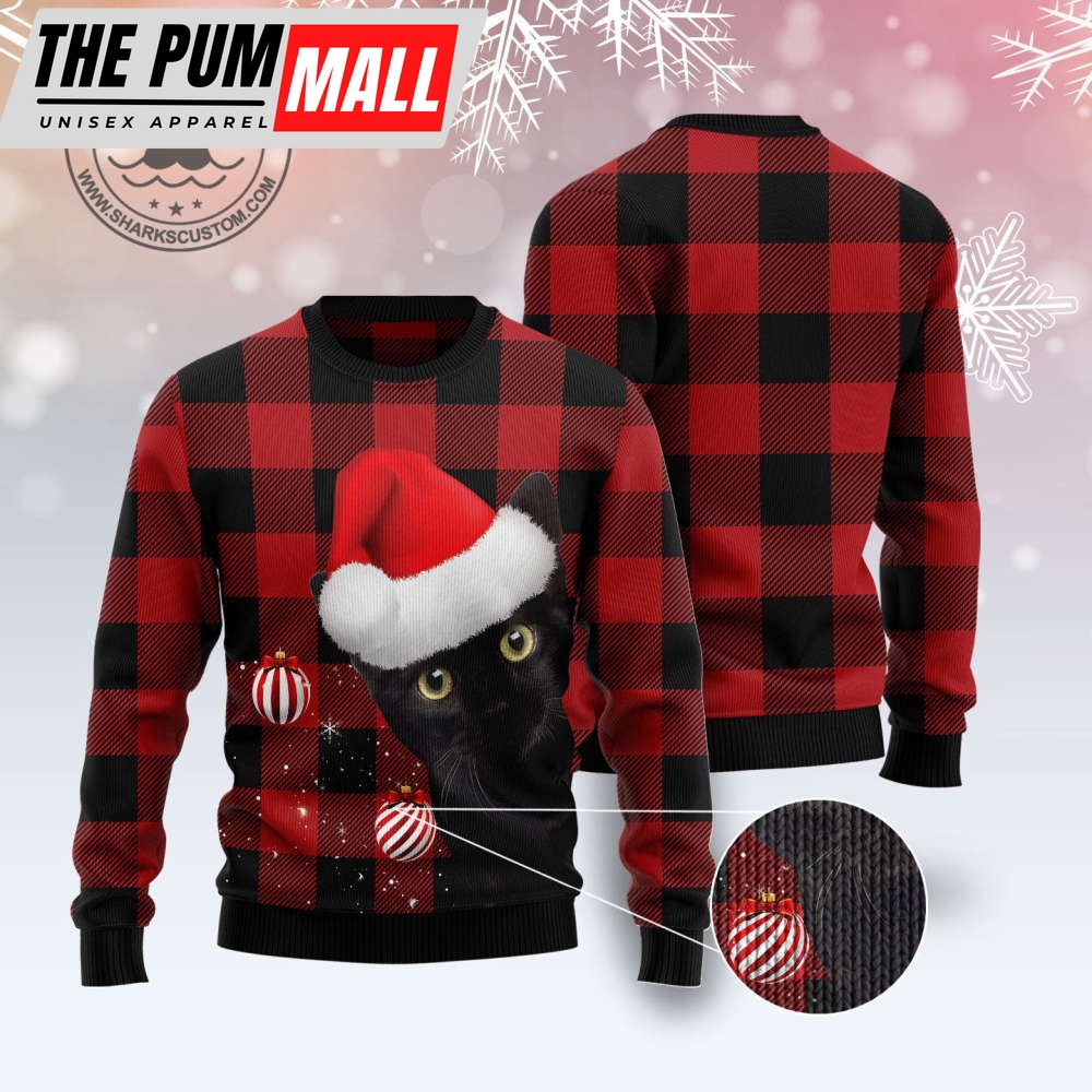 plaid-pattern-black-cat-ugly-christmas-sweater-uems23k7 Plaid Pattern Black Cat Ugly Christmas Sweater