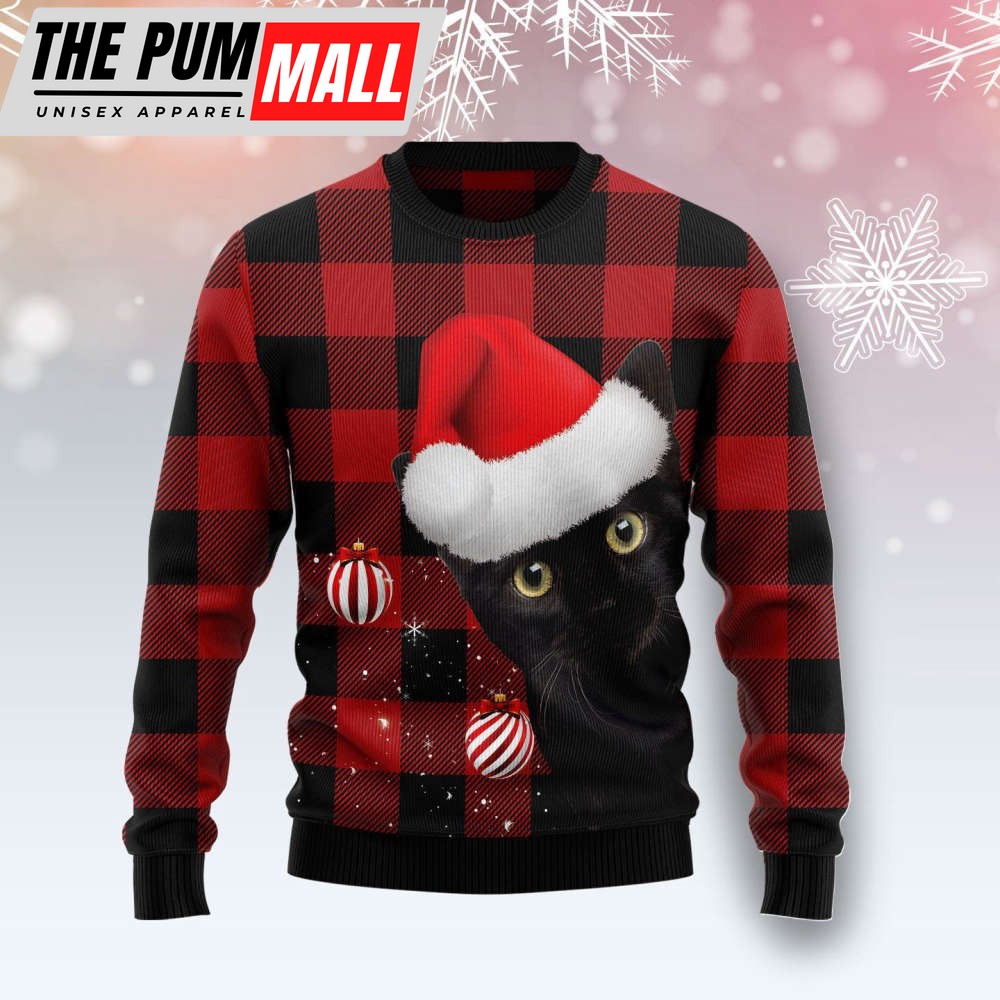 Plaid Pattern Black Cat Ugly Christmas Sweater