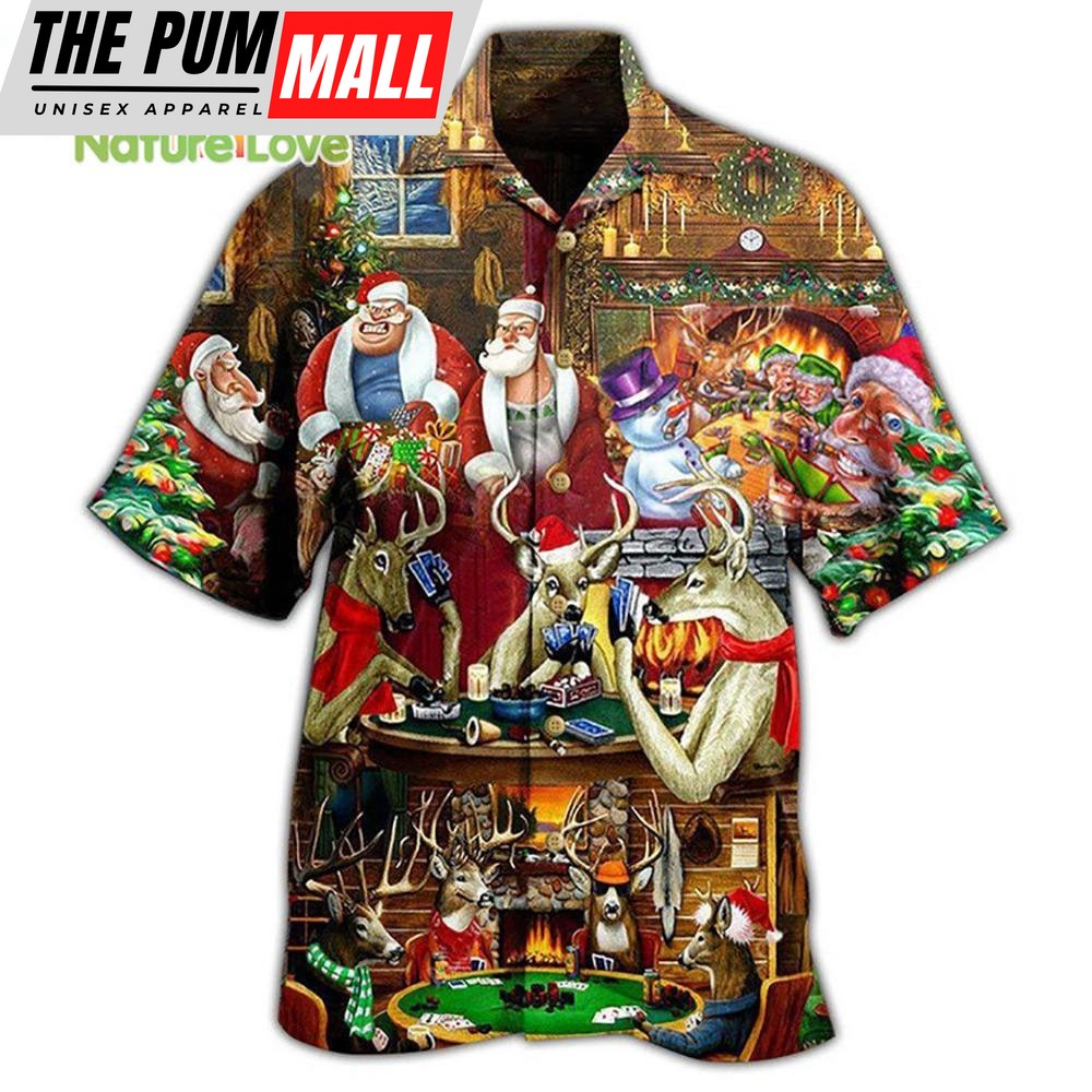 Poker Gambling Reindeer Snowman Elf Santa Christmas Hawaiian Shirt