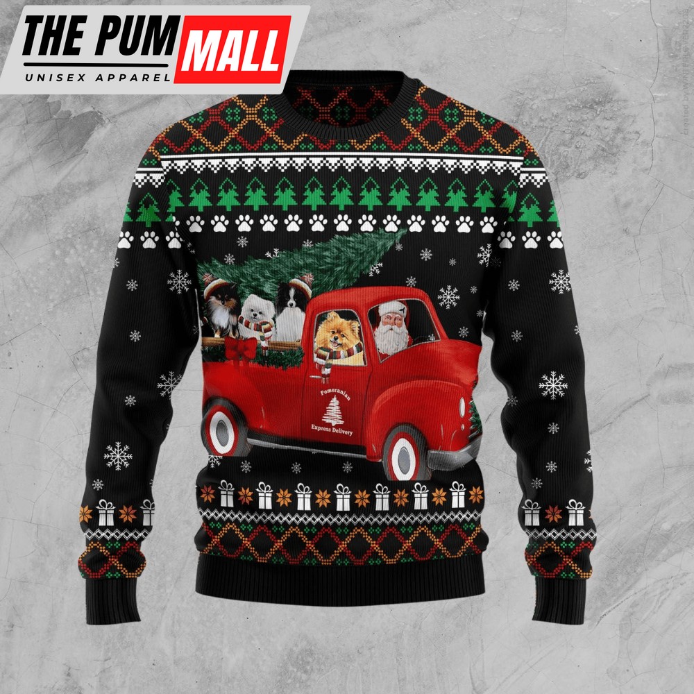 Pomeranian And Red Truck Christmas Ugly Christmas Sweater Gift For Pet Lovers