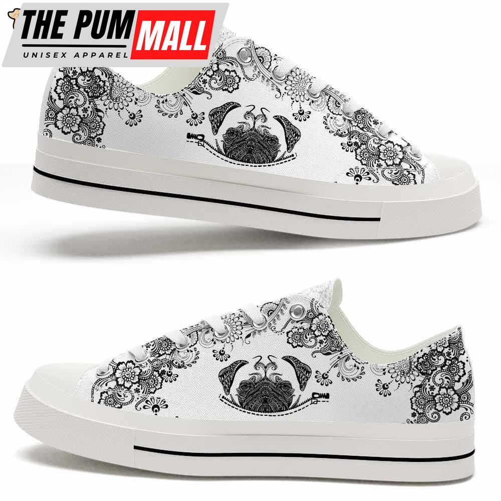 Pug Black White Flowers Low Top Shoes – Happy International Dog Day Canvas Sneaker – Owners Gift Dog Breeders