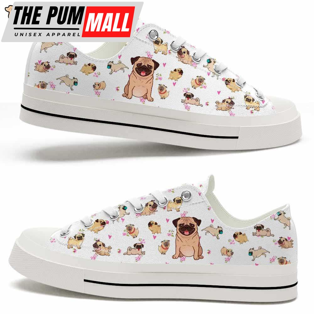 Pug Cute Hearts Flowers Pattern Low Top Shoes – Happy International Dog Day Canvas Sneaker – Owners Gift Dog Breeders