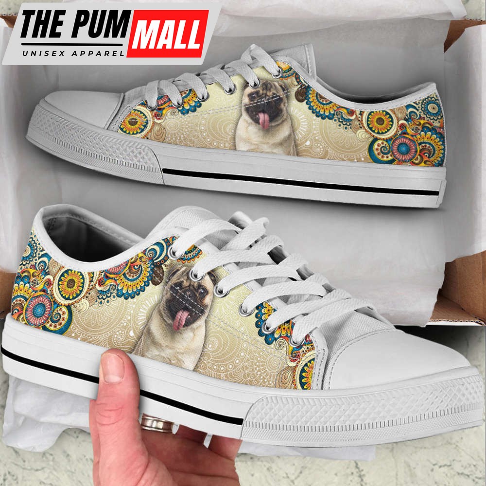 Pug Dog Ethnic Floral Pattern Low Top Shoes Canvas Sneakers Casual Shoes