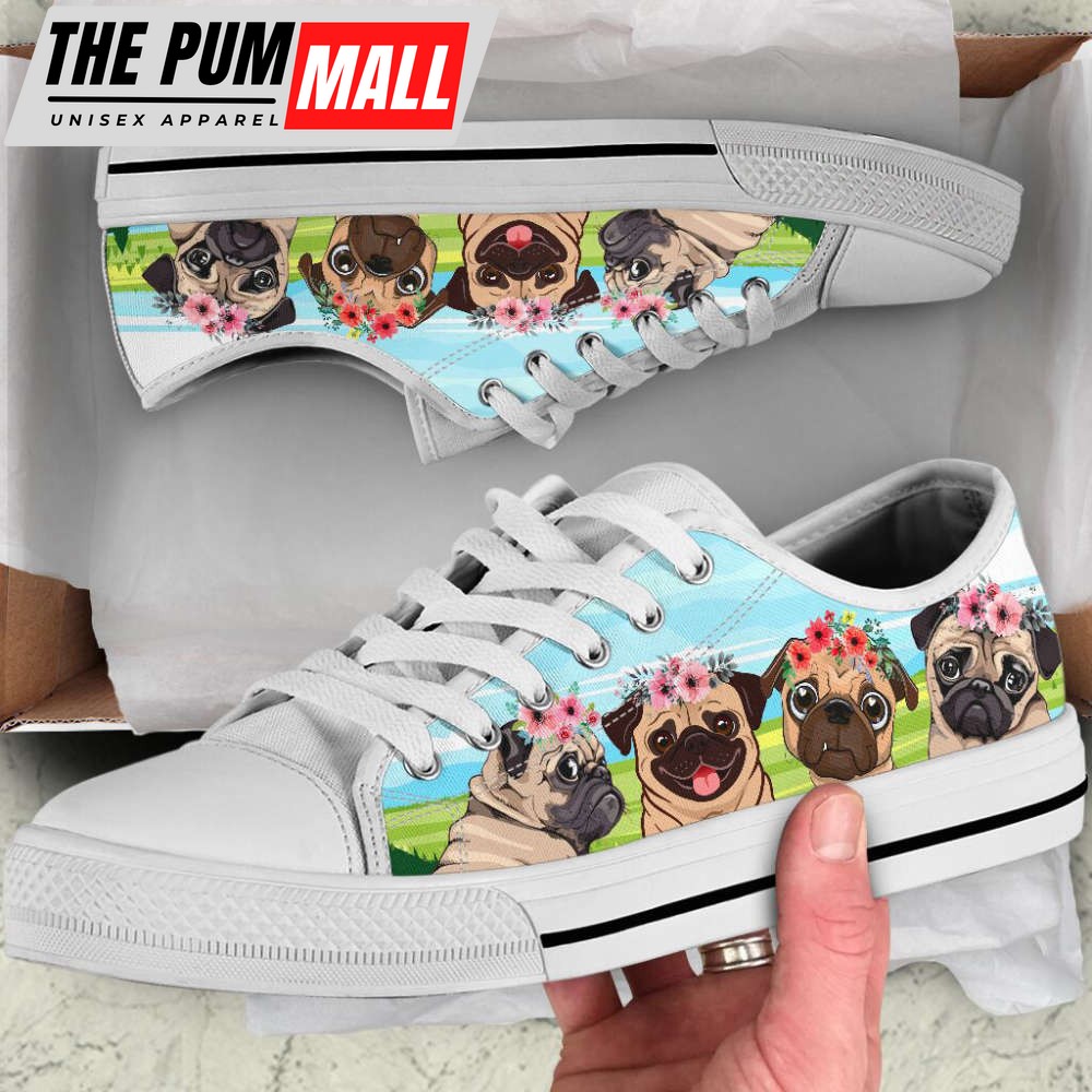 Pug Dog Floral Wreath Low Top Shoes Canvas Sneakers Casual Shoes