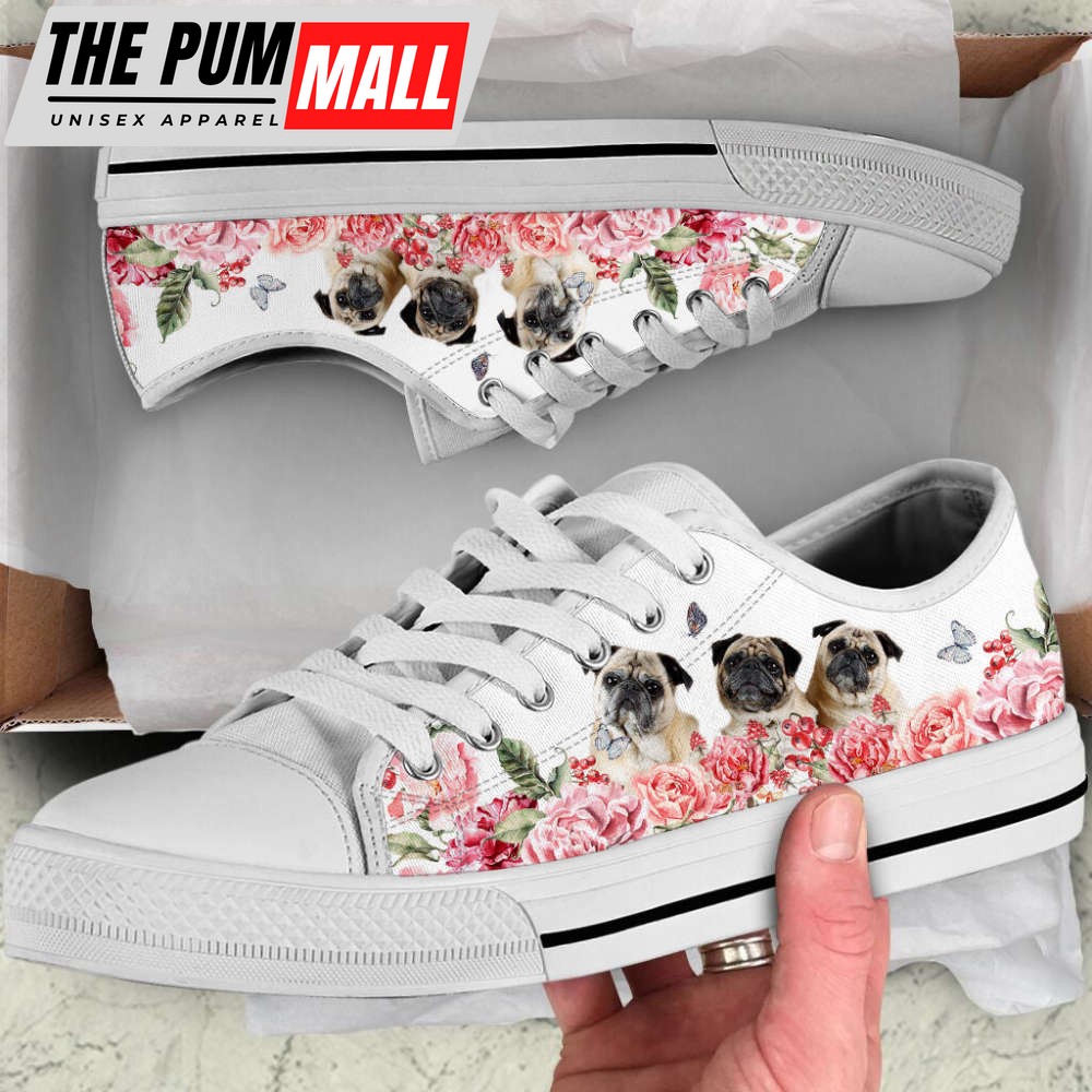 Pug Dog Flower Pink Butterfly Low Top Shoes Canvas Sneakers