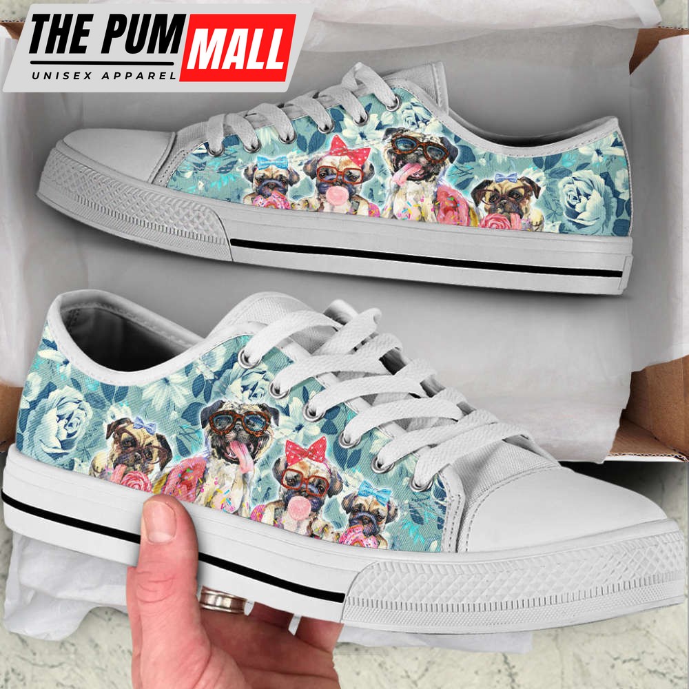 Pug Dog Flowers Low Top Shoes Canvas Sneakers Casual Shoes