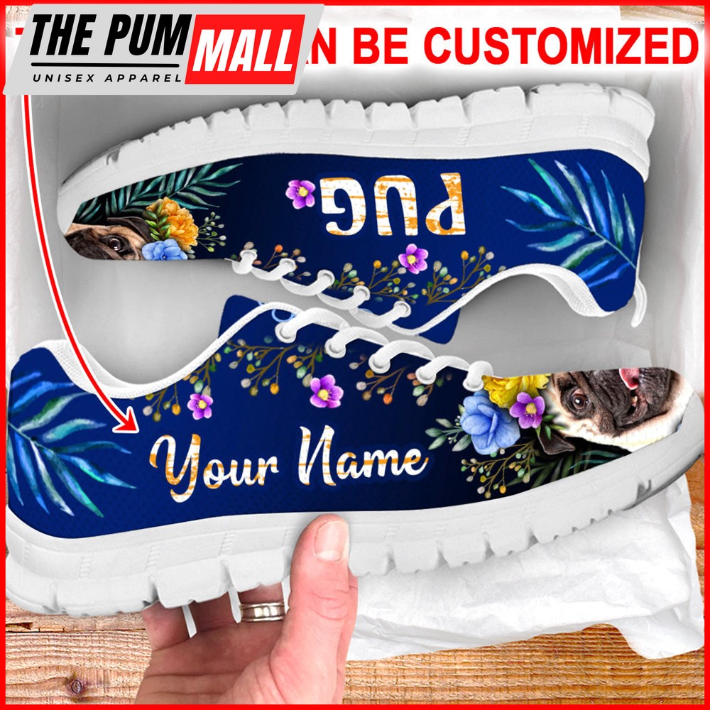 Pug Dog Lover Shoes Flower Power Sneaker Walking Shoes – Personalized Custom – Best Shoes For Dog Lover