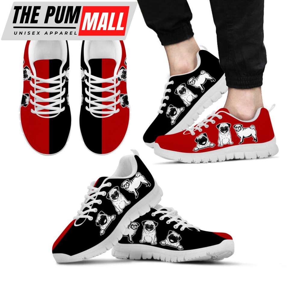 Pug Dog Lover Shoes Red Black Color Sneakers Walking Running Lightweight Casual Shoes For Pet Lover