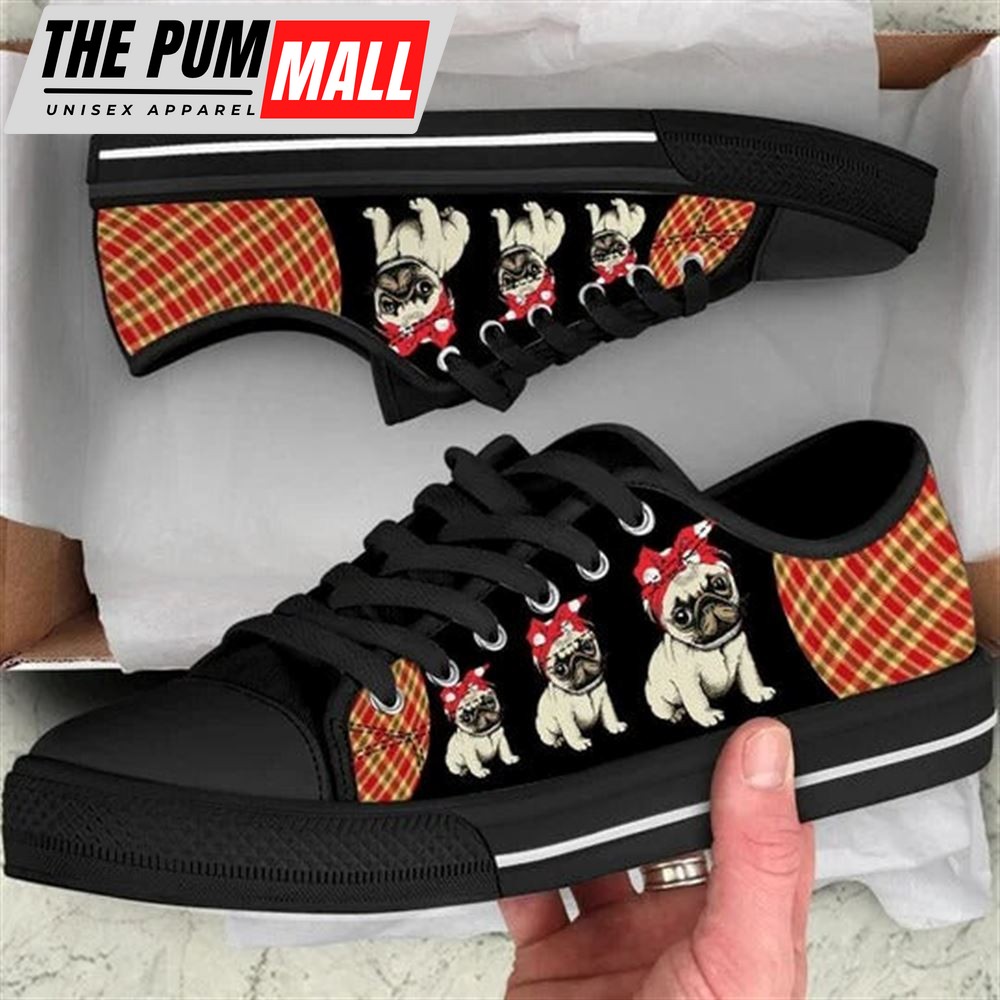Pug Dog Red Black Tan Plaid Canvas Low Top Shoes – Low Top Shoes Mens, Women