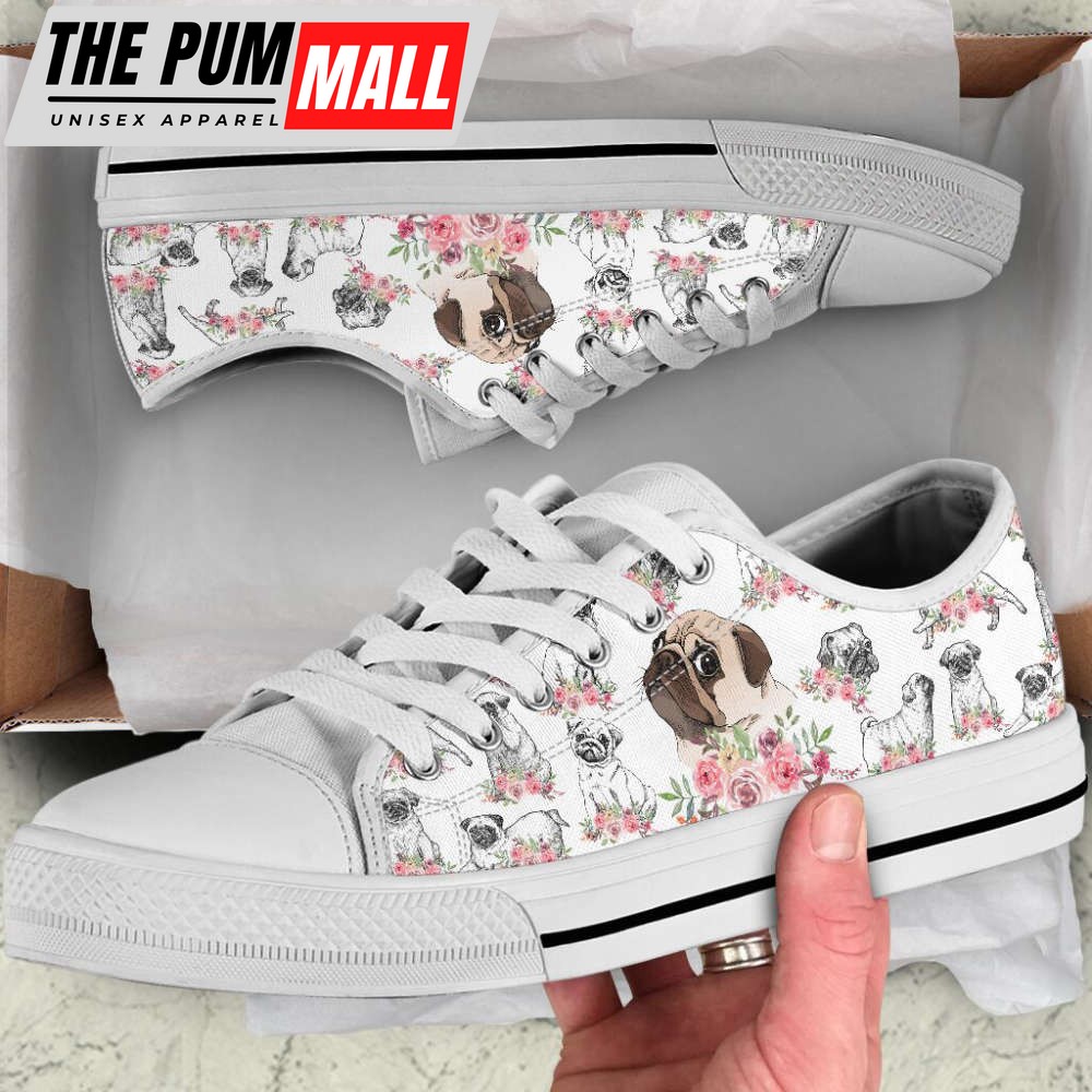 Pug Dog Watercolor Flower Low Top Shoes Canvas Sneakers Casual Shoes