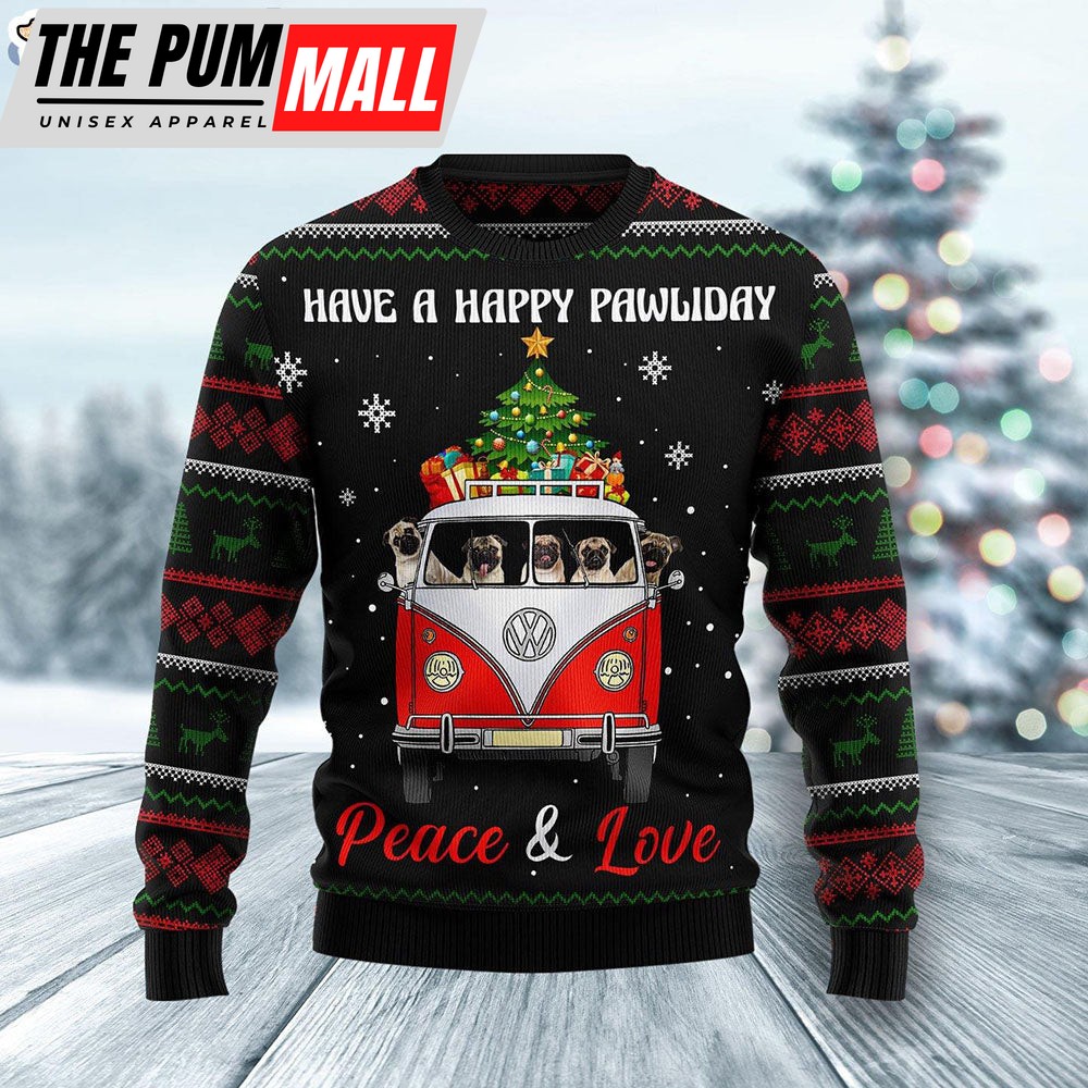 Pug Dogs Carrying Gift Christmas On The Red Car Ugly Christmas Sweater – Dog Memorial Gift