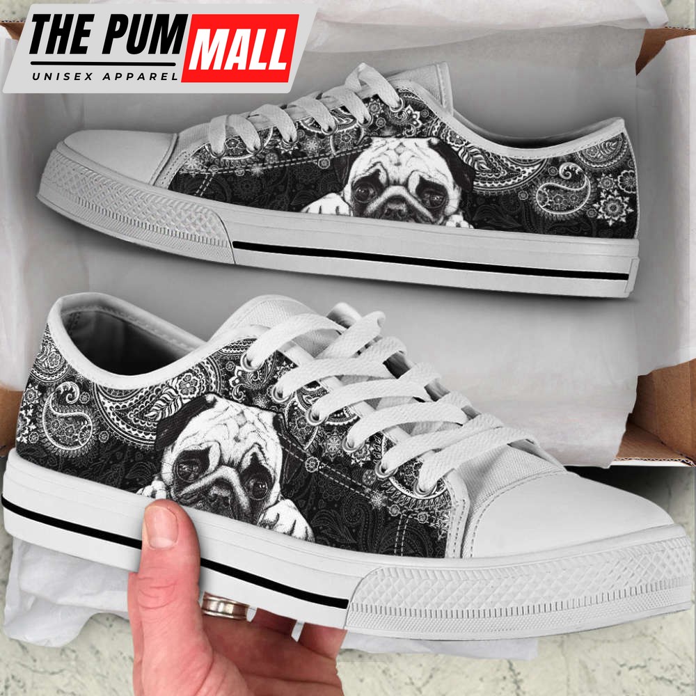 Pug Paisley Black White Low Top Shoes Canvas Sneakers Casual Shoes