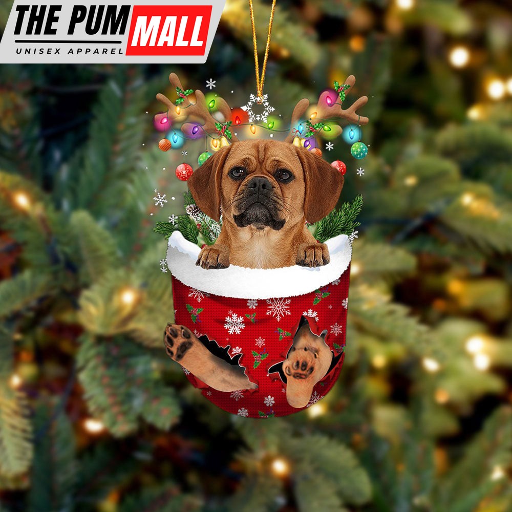 Puggle In Snow Pocket Christmas Ornament – Two Sided Christmas Plastic Hanging Limited Edition