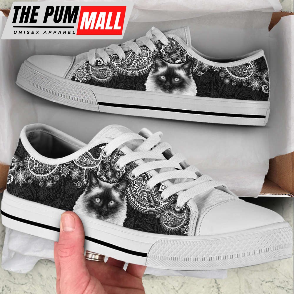 Ragdoll Cat Lover Shoes – Paisley Black White Low Top Canvas Shoes