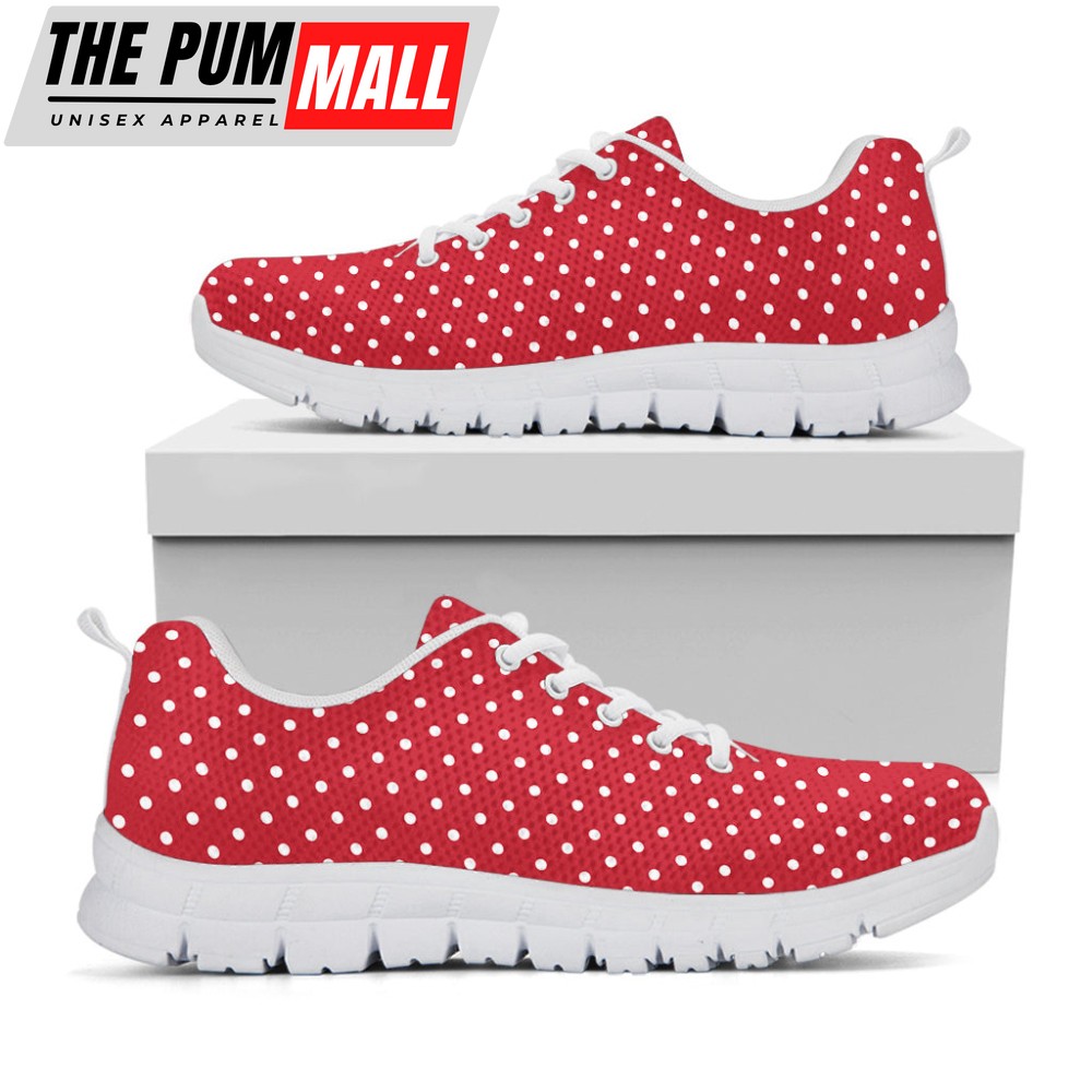 Red And White Christmas Dots Print White Running Shoes, Gift For Men And Women