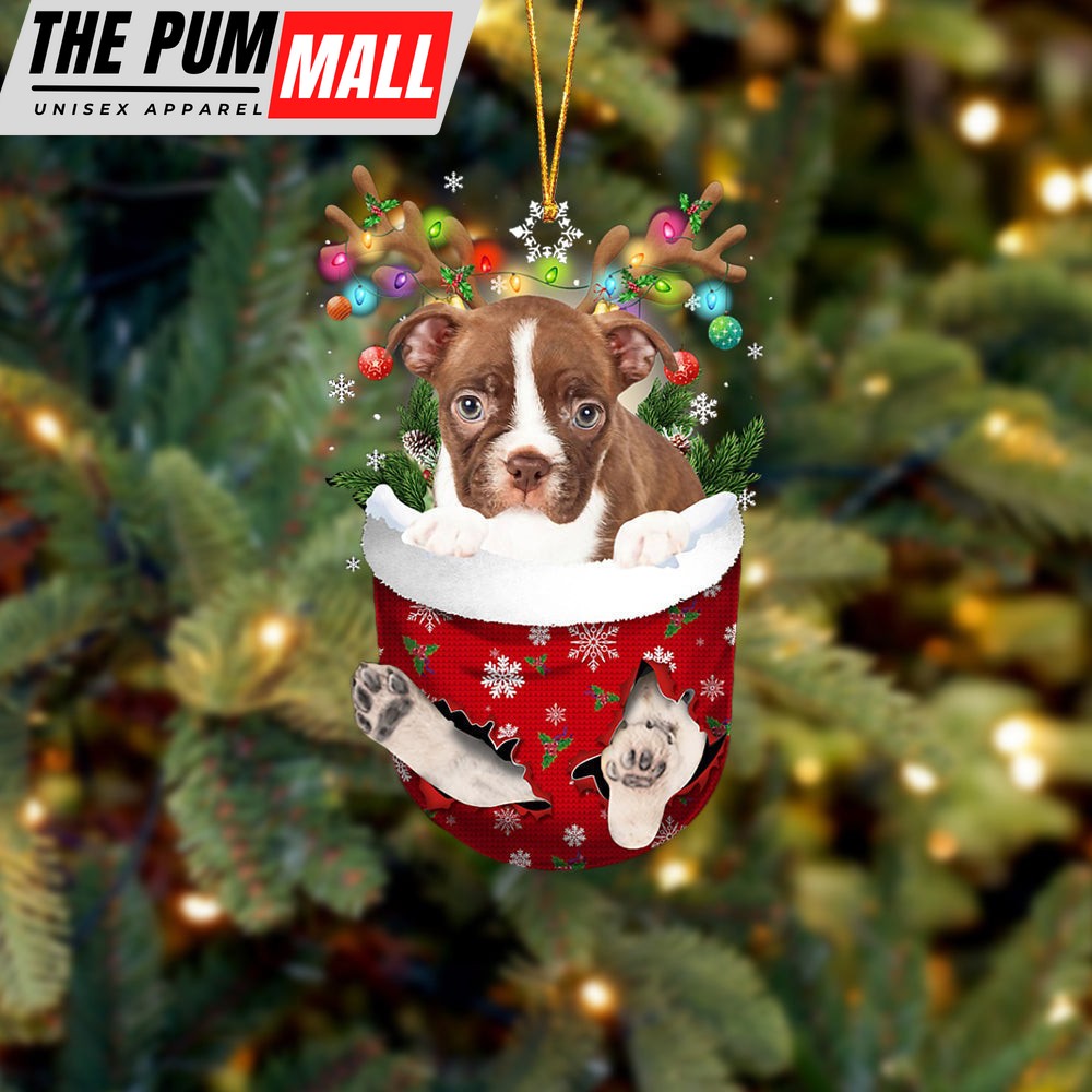 Red Boston Terrier In Snow Pocket Christmas Ornament – Two Sided Christmas Plastic Hanging Limited Edition