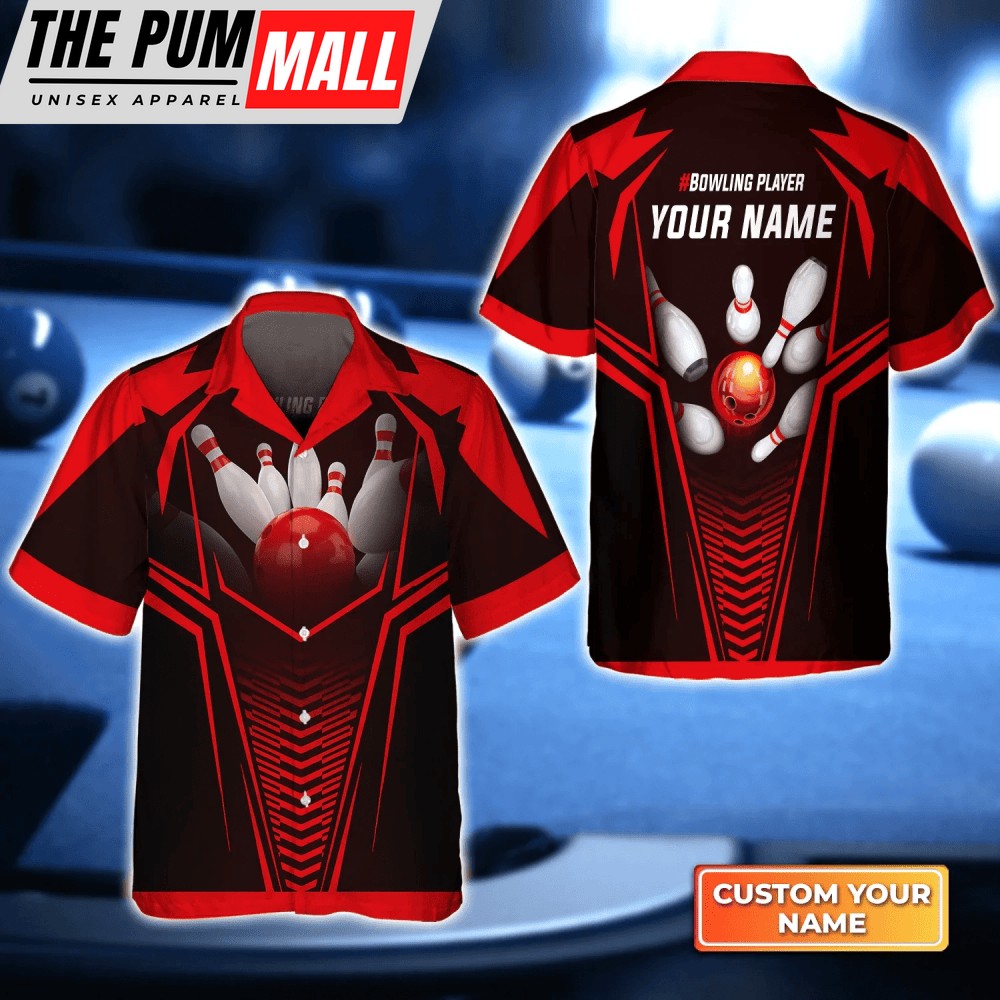 Red Bowling Ball Crashing The Pins Hawaiian Shirt, Bowling Hawaiian Shirt For Bowling Gift Team shirt