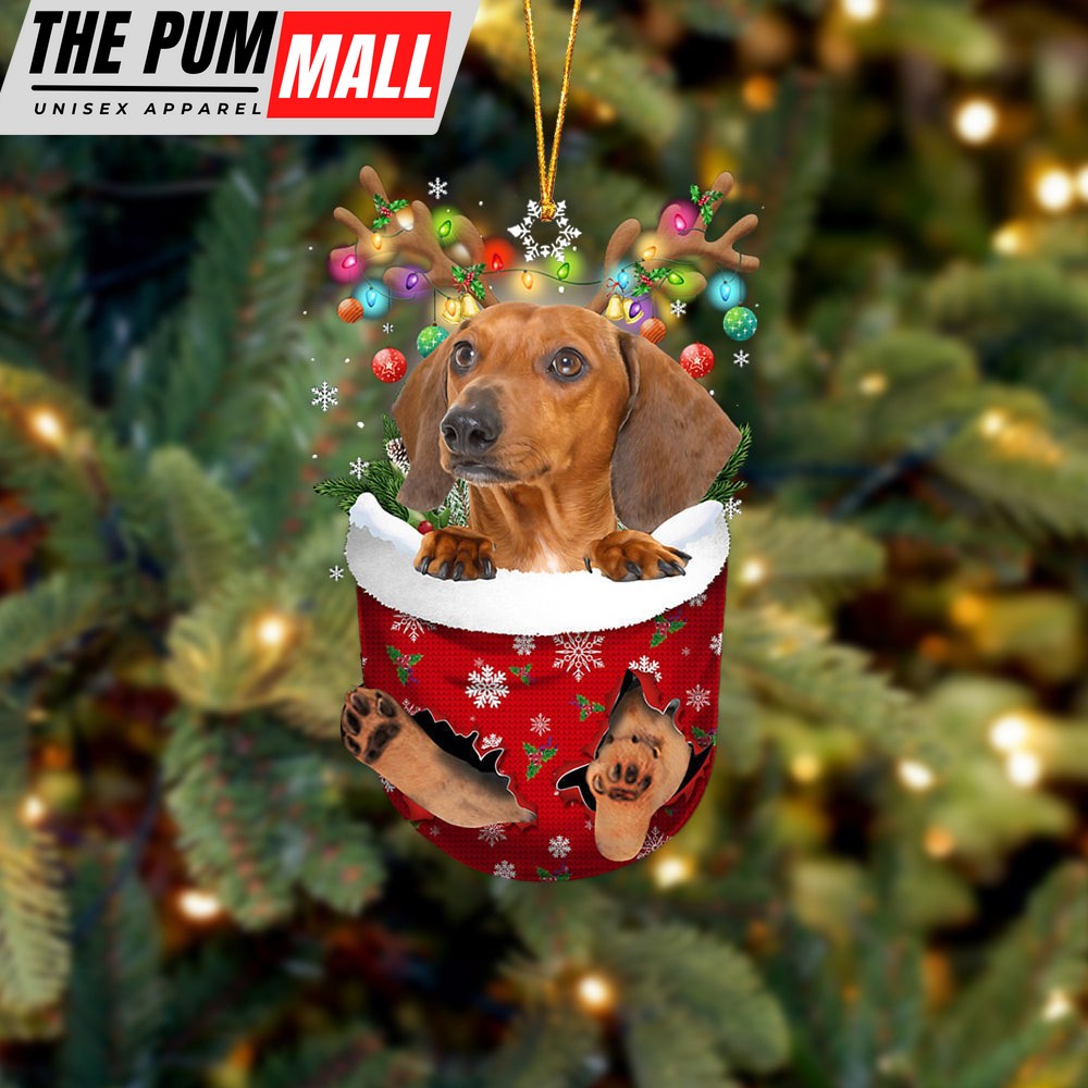 Red Dachshund In Snow Pocket Christmas Ornament – Two Sided Christmas Plastic Hanging Limited Edition