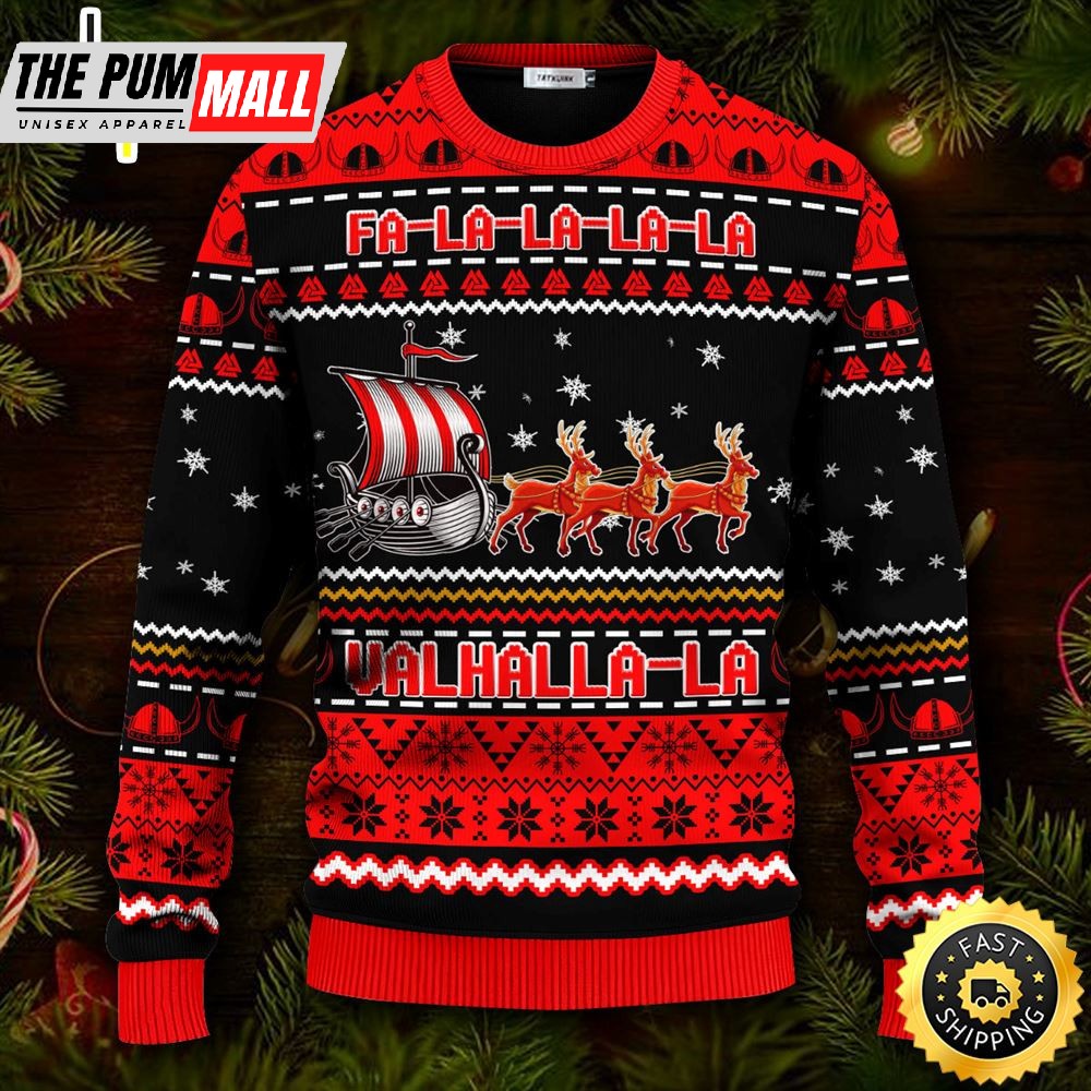 Red Falalalala Valhallala Viking Ships Viking Ugly Christmas Skull Sweater Christmas