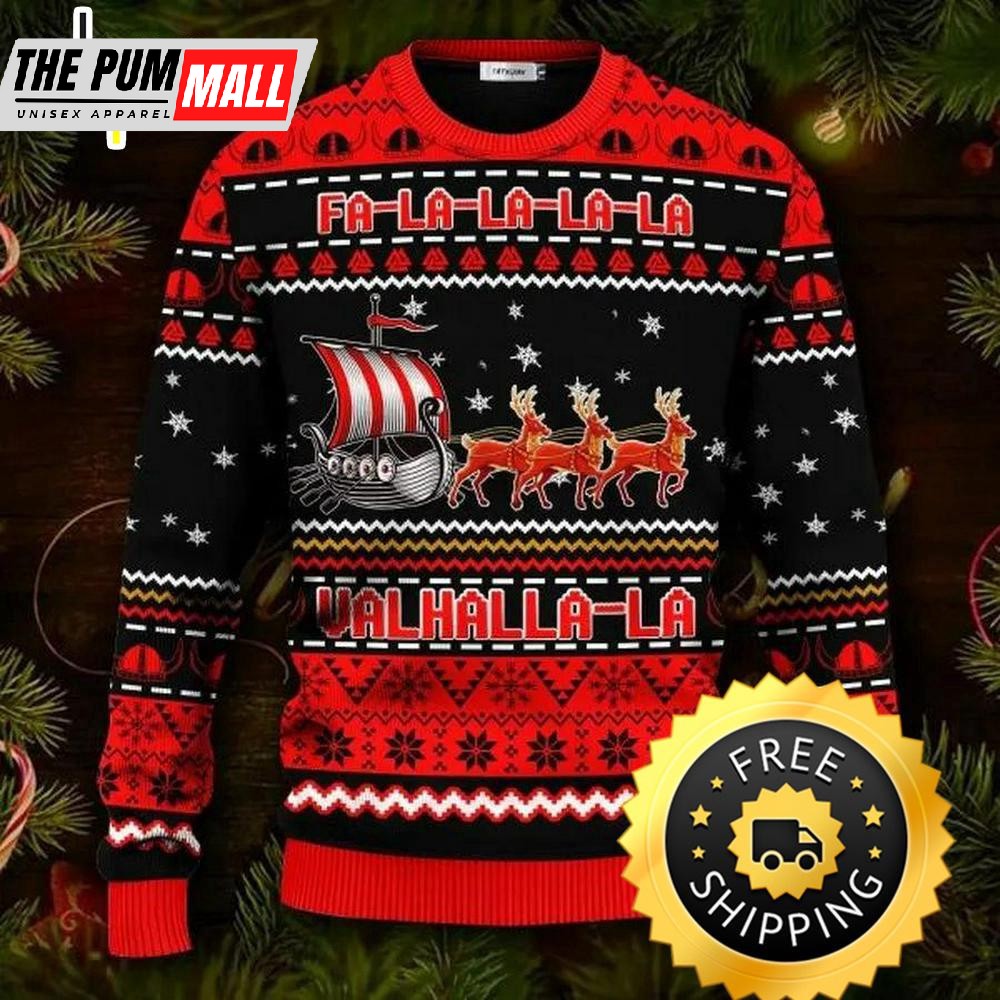Red Falalalala Valhallala Viking Ships Viking Ugly Christmas Sweater, Viking Ugly Sweater