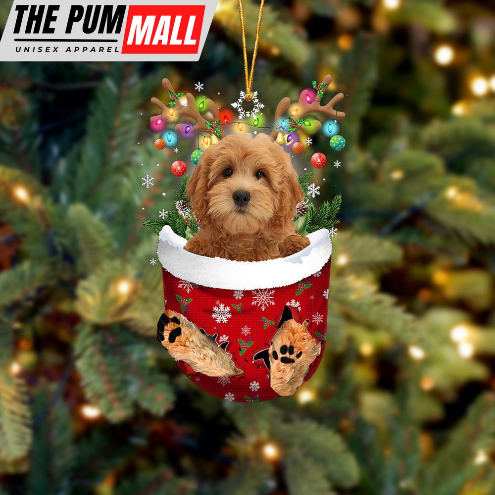Red Goldendoodle In Snow Pocket Christmas Ornament – Two Sided Christmas Plastic Hanging Limited Edition