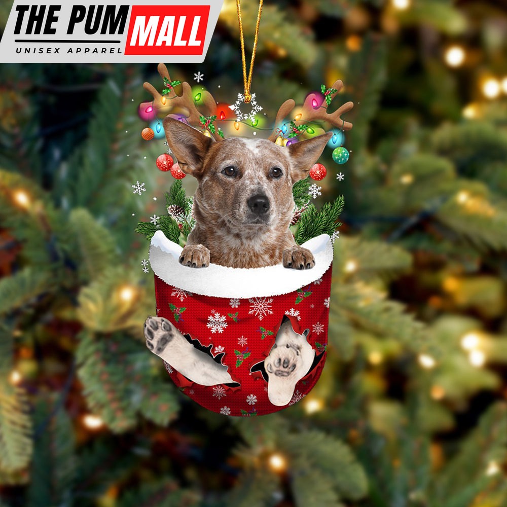 Red Heeler In Snow Pocket Christmas Ornament – Two Sided Christmas Plastic Hanging Limited Edition