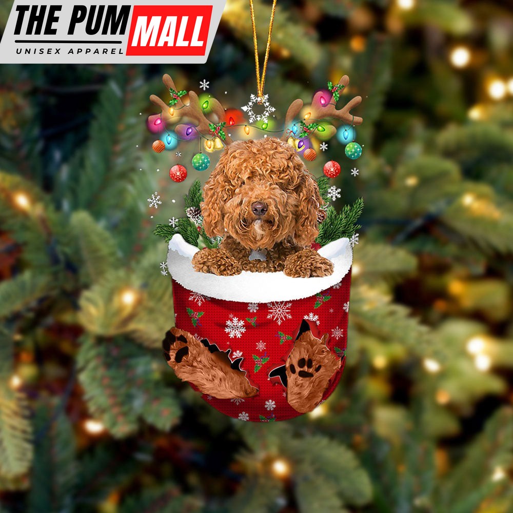 Red Labradoodle In Snow Pocket Christmas Ornament – Two Sided Christmas Plastic Hanging Limited Edition