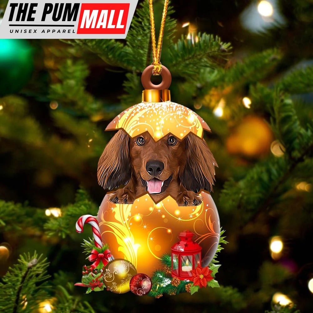 Red Long Haired Dachshund In Golden Egg Christmas Ornament – Car Ornament – Unique Dog Gifts For Owners Limited Edition