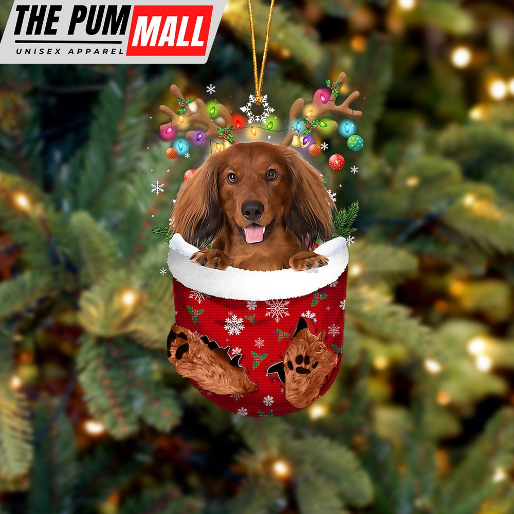 Red Long Haired Dachshund In Snow Pocket Christmas Ornament – Two Sided Christmas Plastic Hanging Limited Edition