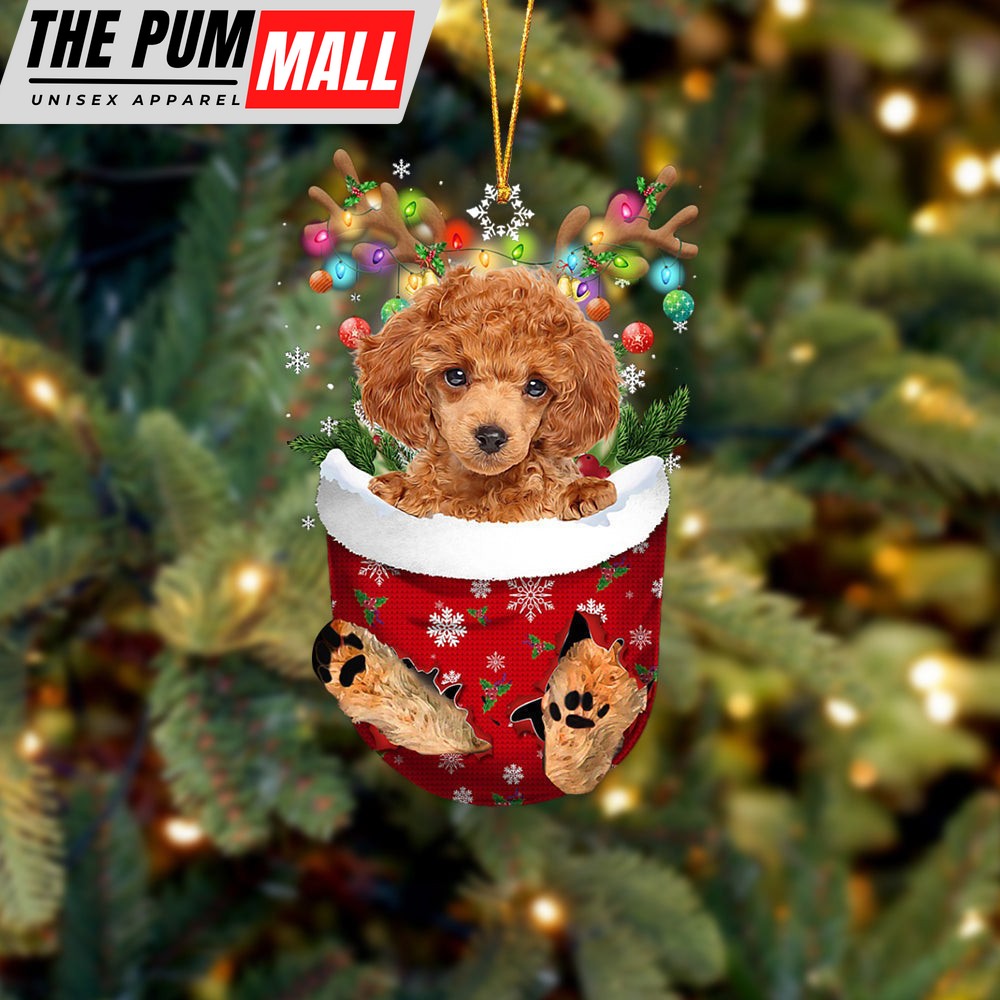 Red Toy Poodle In Snow Pocket Christmas Ornament – Two Sided Christmas Plastic Hanging Limited Edition