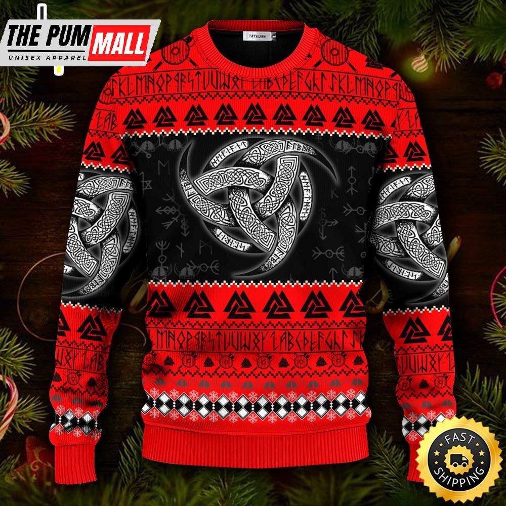 Red Triple Horn Pattern Viking Ugly Christmas Skull Sweater Christmas