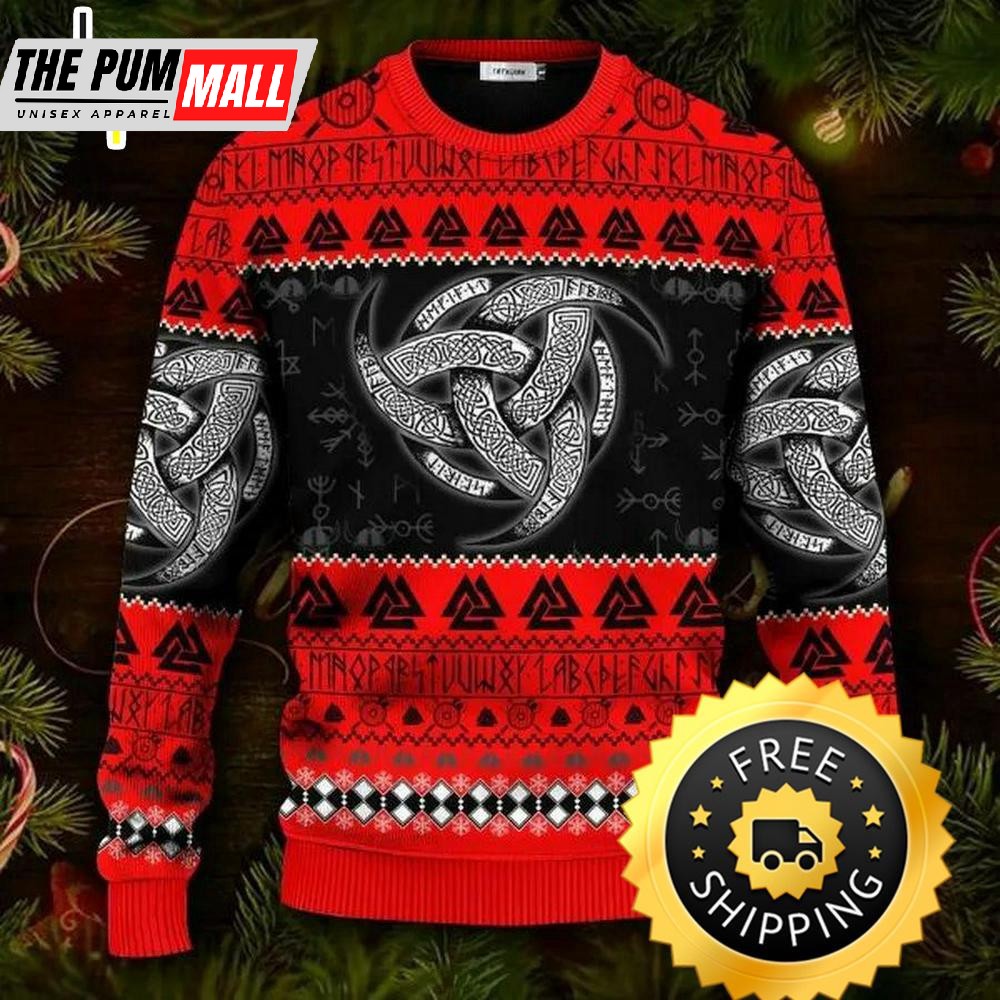 Red Triple Horn Pattern Viking Ugly Christmas Sweater, Viking Ugly Sweater