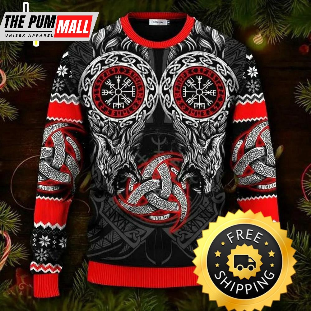 Red Triple Horn Pattern Wolf Viking Ugly Christmas Sweater, Viking Ugly Sweater
