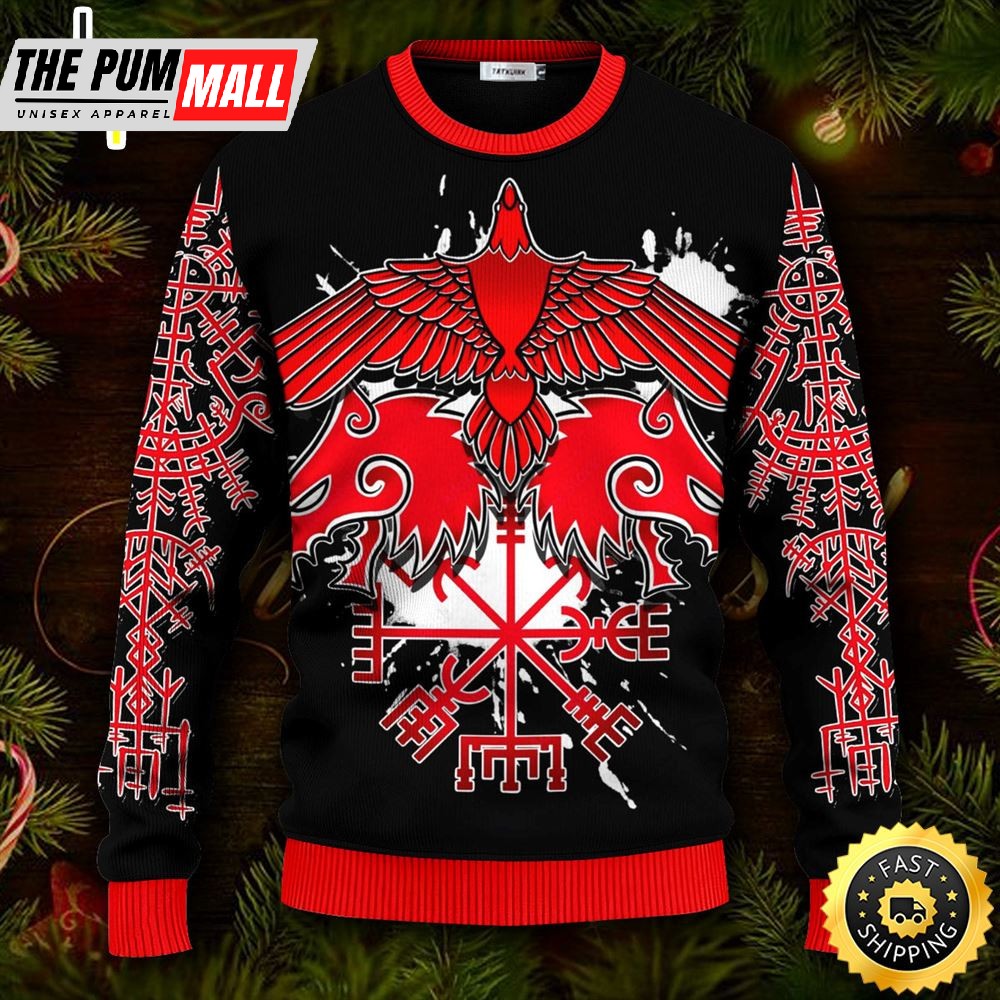 Red Viking Warrior Vegvisir Viking Ugly Skull Sweater Christmas