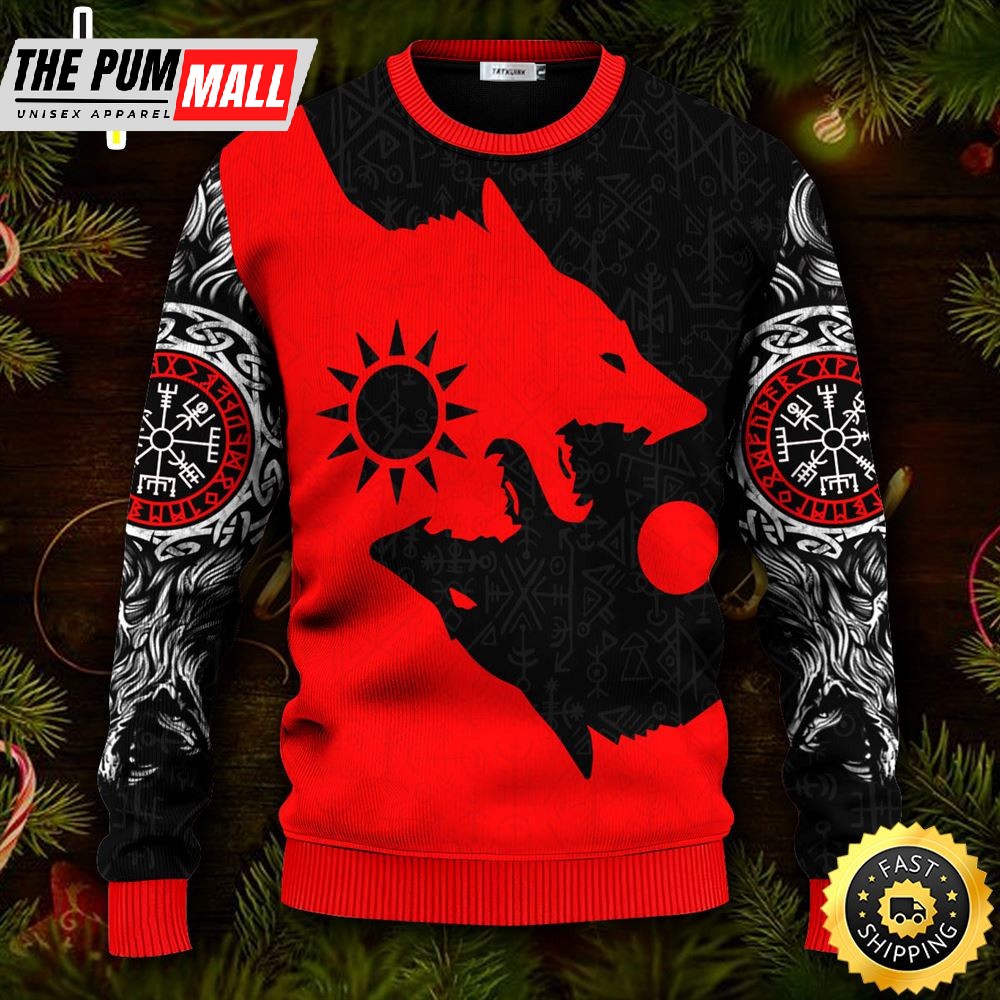 Red Wolf Black Wolf Viking Ugly Christmas Skull Sweater Christmas