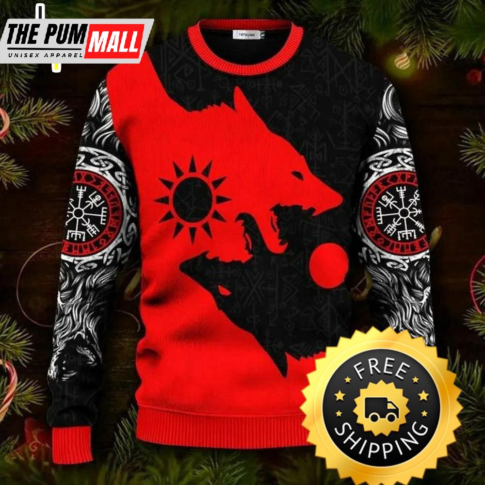 Red Wolf Black Wolf Viking Ugly Christmas Sweater, Viking Ugly Sweater