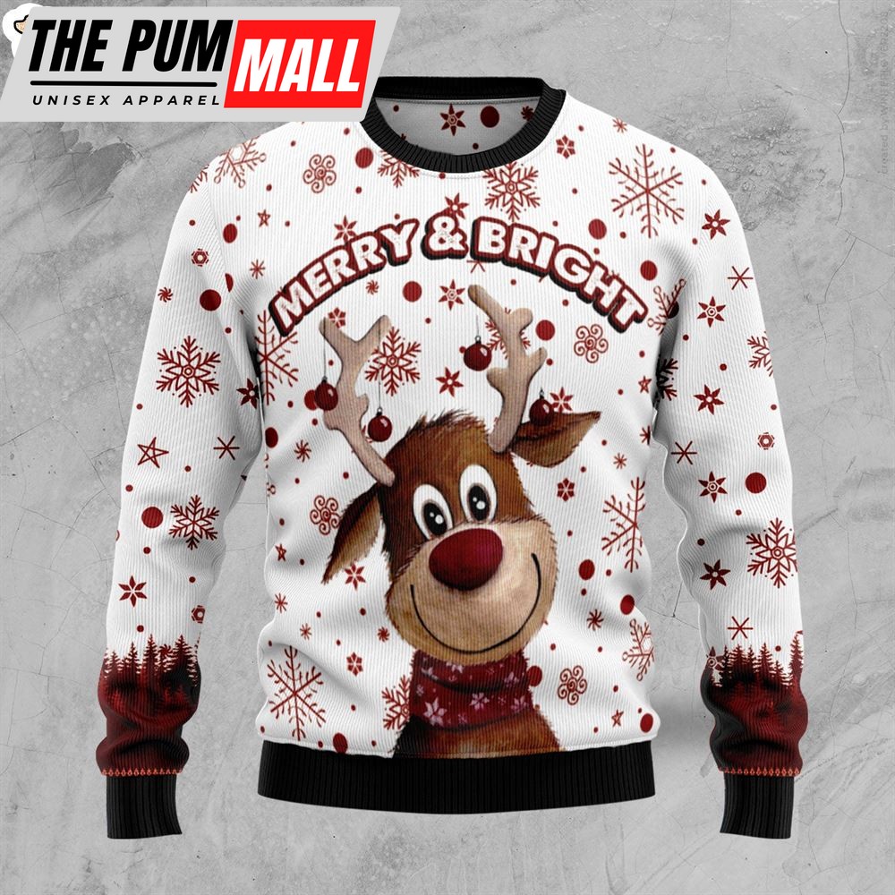 Reindeer Merry & Bright Ugly Christmas Sweater – Gift For Pet Lovers – Unisex Crewneck Sweater
