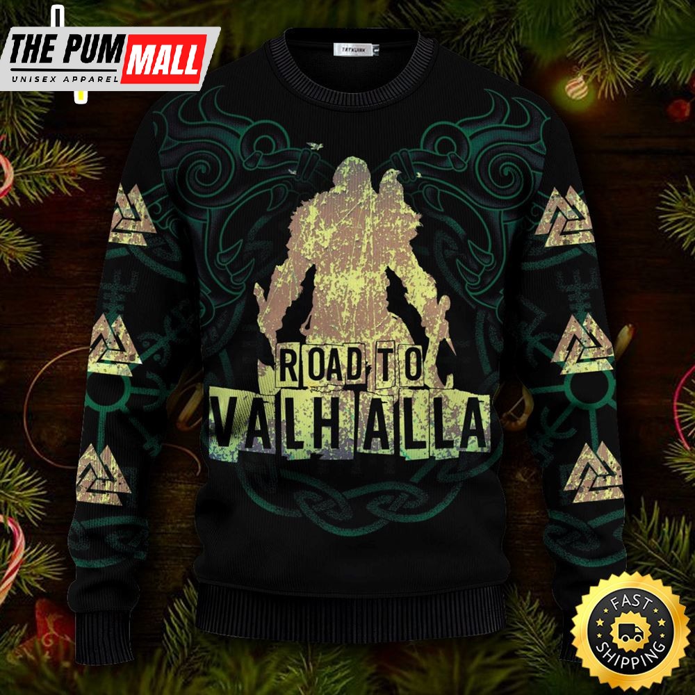 Road To Valhalla Viking Ugly Skull Sweater Christmas