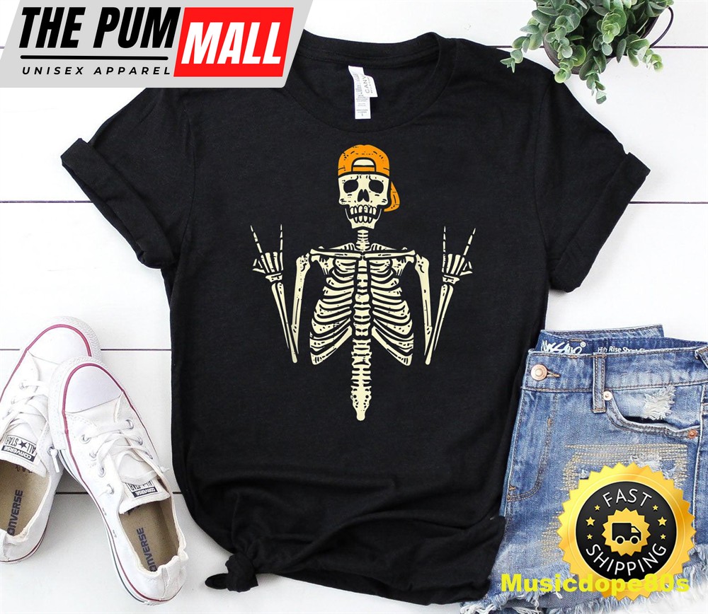 Rocker Skater Skeleton Cap Cool Halloween Punk Men Boys T-Shirt