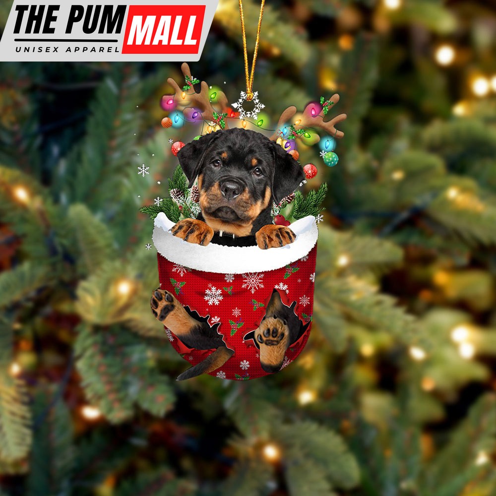 Rottweiler In Snow Pocket Christmas Ornament – Two Sided Christmas Plastic Hanging Limited Edition