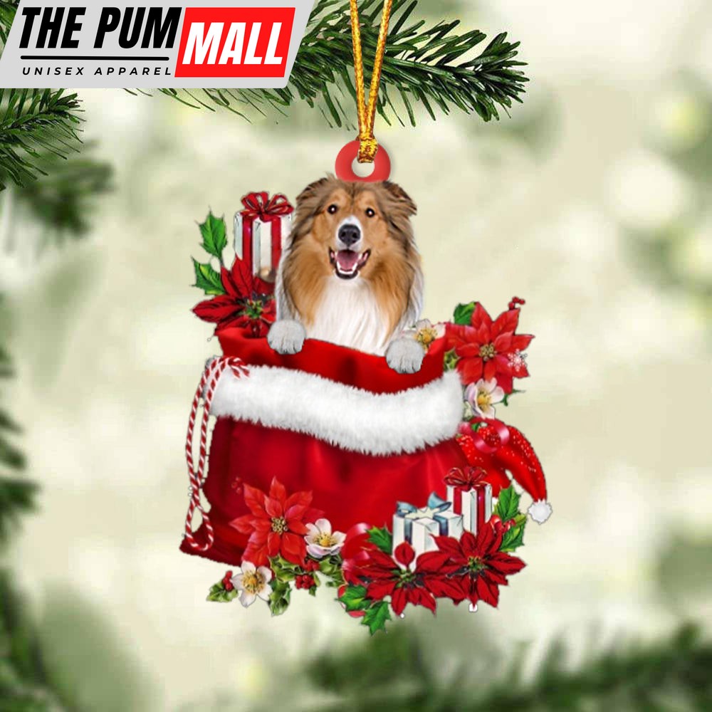 Rough Collie In Gift Bag Christmas Ornament – Car Ornaments – Gift For Dog Lovers Limited Edition