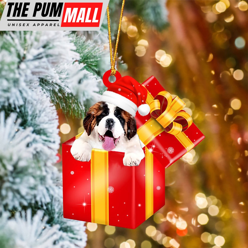 Saint Bernard In Red Gift Box Christmas Ornament – Holiday Dog Ornaments Limited Edition