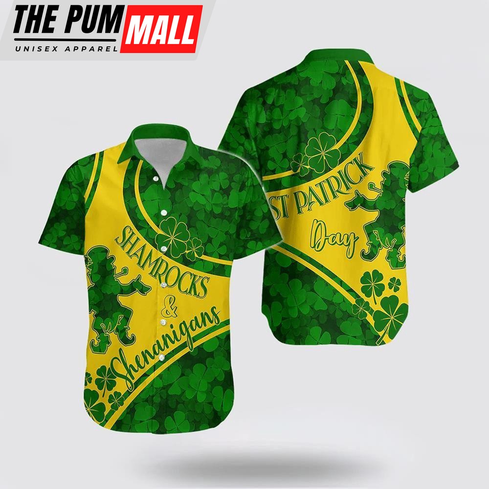 Saint Patrick Day Hawaiian Shirt Shamrocks And Shenanigans Gold Style, St Patricks Day Shirts, Shamrock Hawaiian Shirt