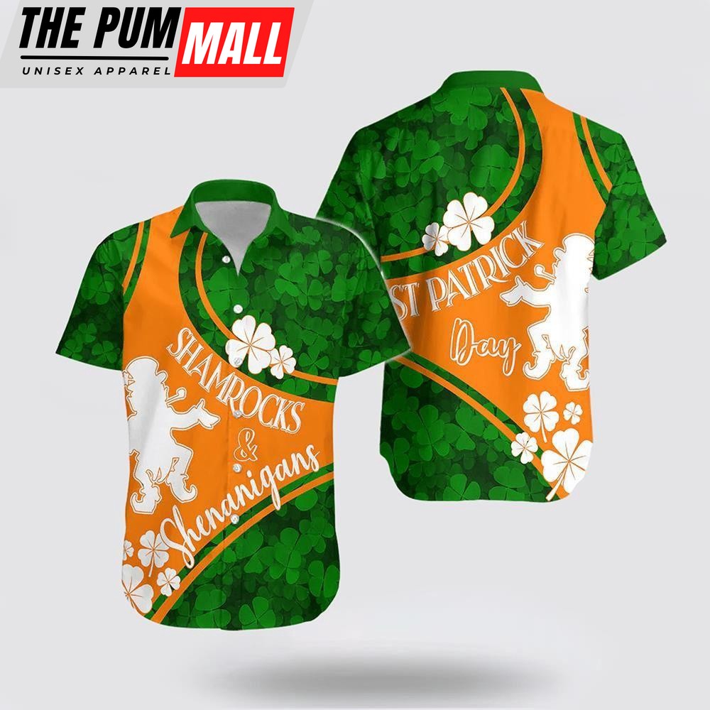 Saint Patrick Day Hawaiian Shirt Shamrocks And Shenanigans Irish Flag Style, St Patricks Day Shirts, Shamrock Hawaiian Shirt