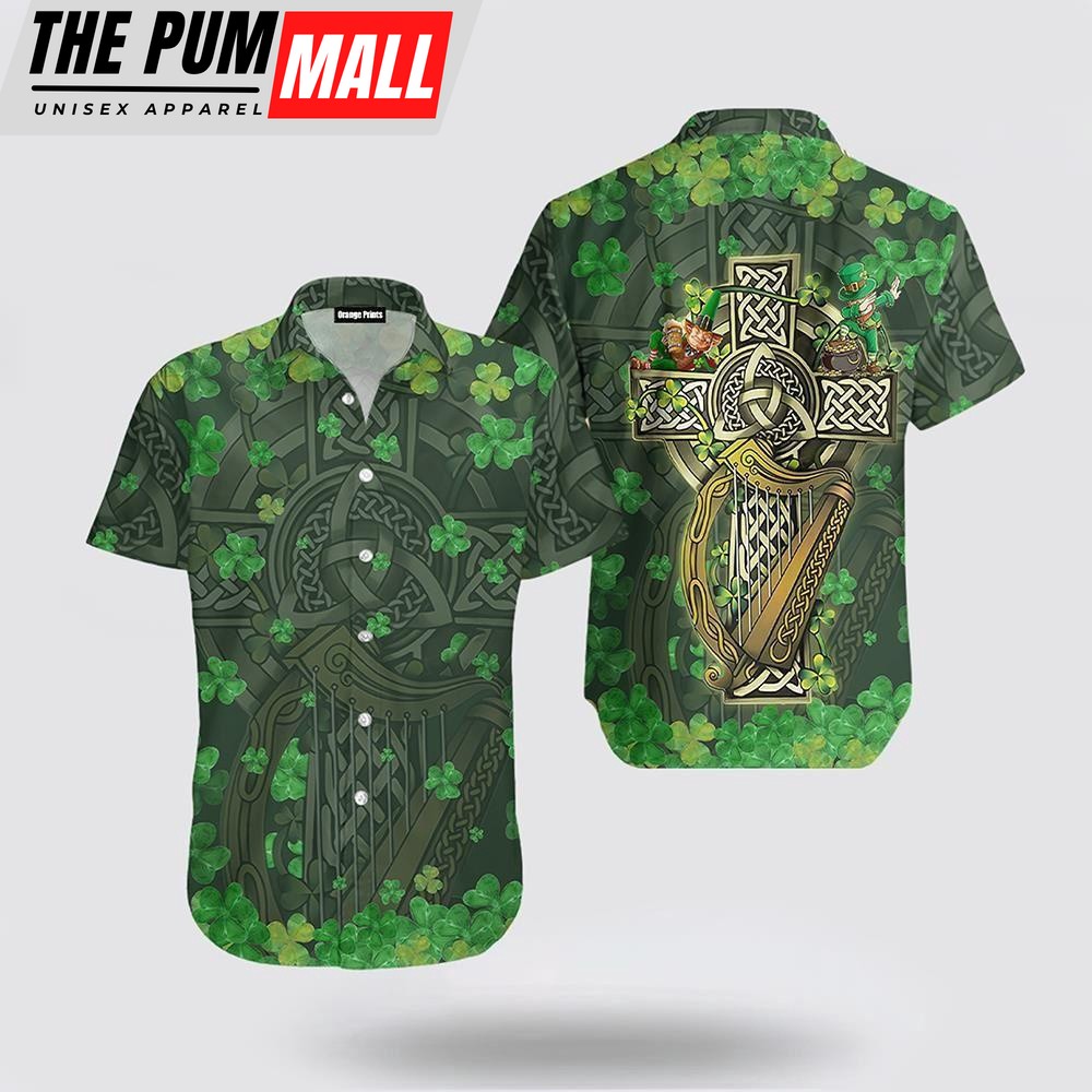 Saint Patrick’s Day Shamrock The Celtic Cross Harp Irish Hawaiian Shirt, St Patricks Day Shirts, Shamrock Hawaiian Shirt