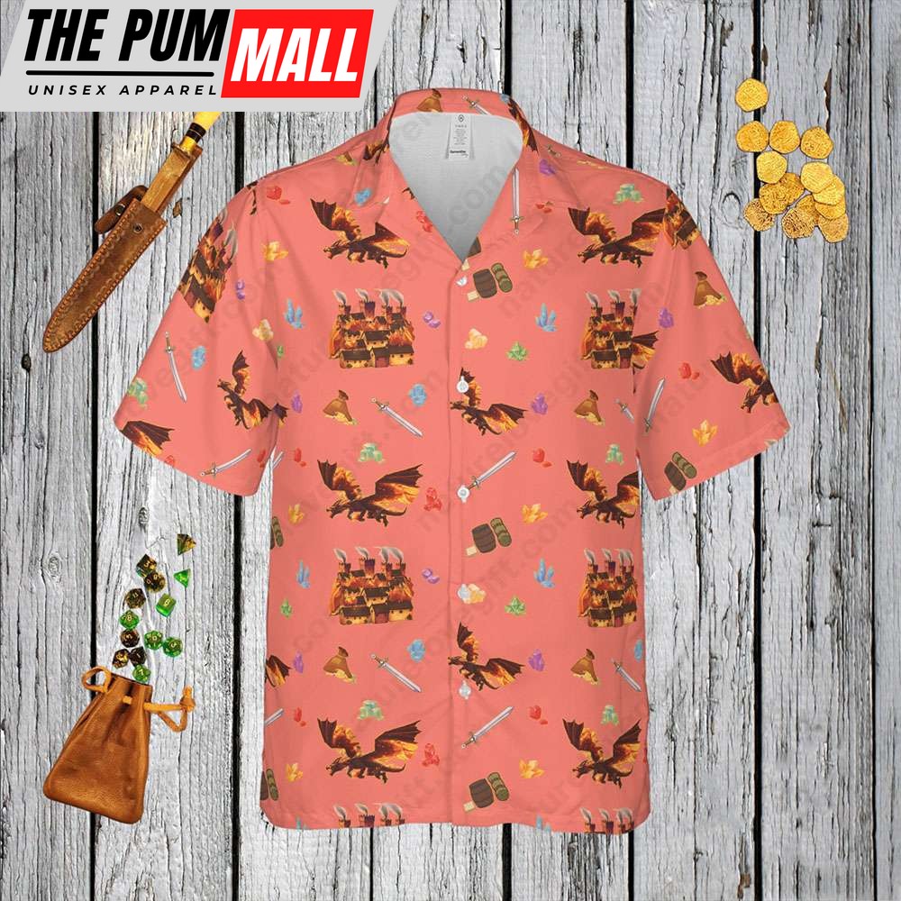 Salmon Dragon Adventure Button Up Hawaiian Shirt DnD Dungeons and Dragons Gift