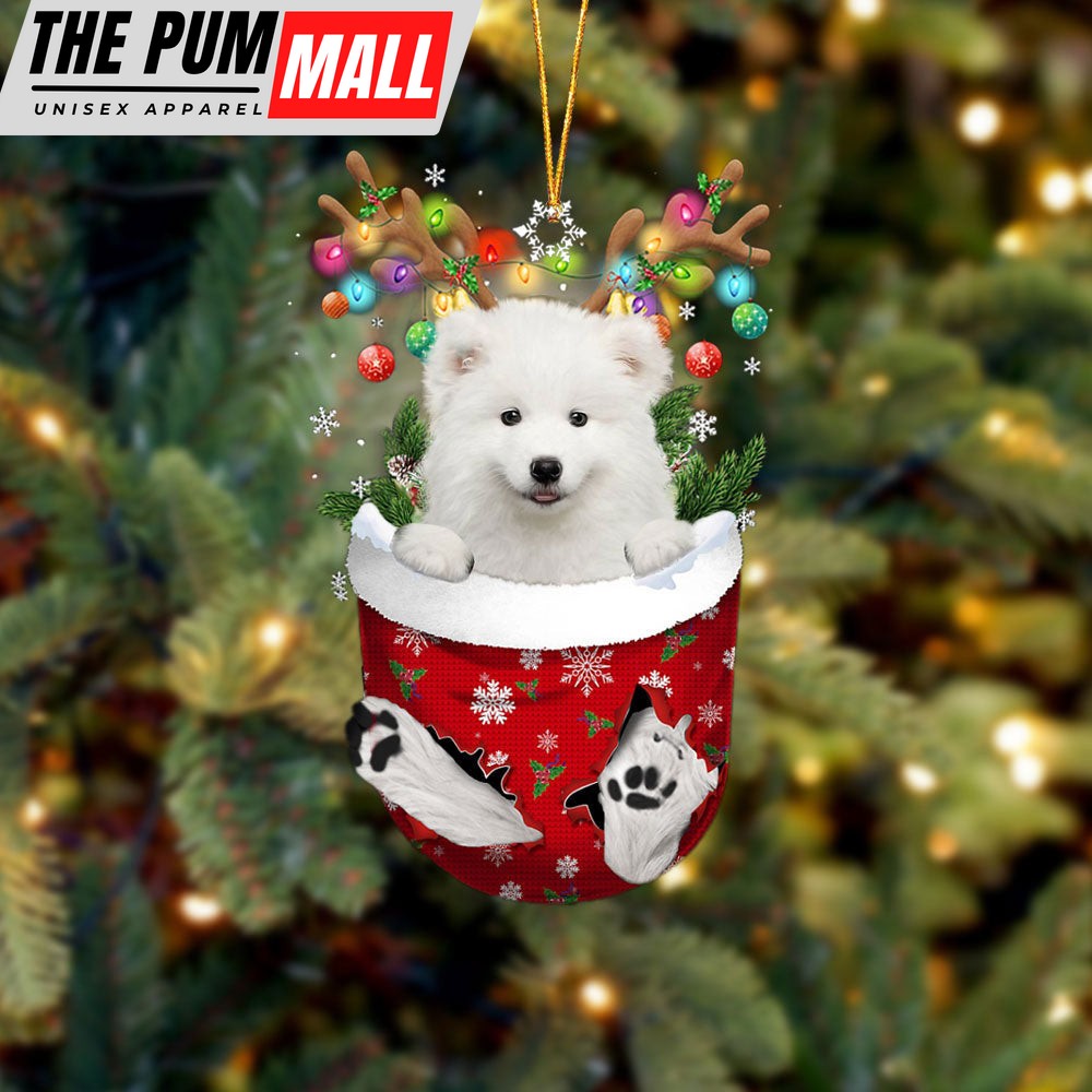 Samoyed In Snow Pocket Christmas Ornament – Two Sided Christmas Plastic Hanging Limited Edition