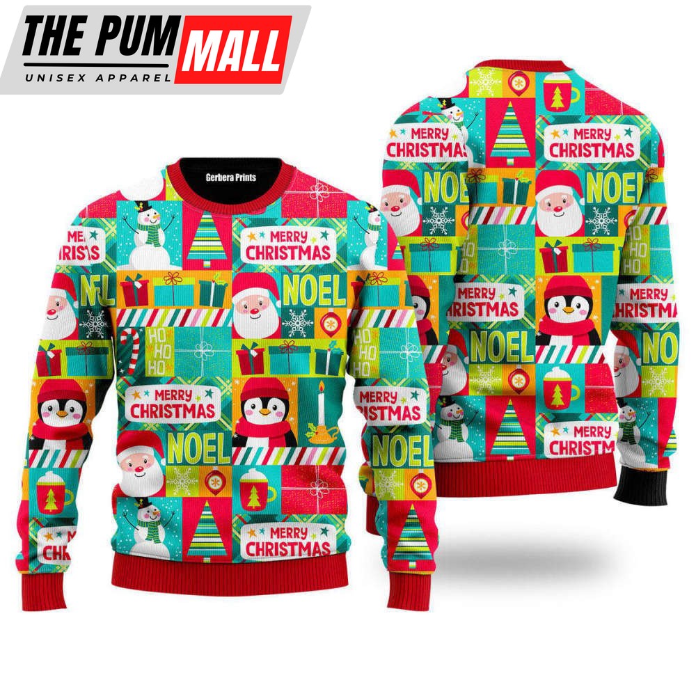 Santa And Penguin Merry Christmas Patchwork Ugly Christmas Sweater For Christmas